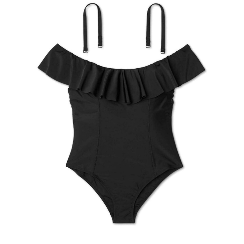 16W 24W Kona Sol Black Ruffle Off Shoulder One Piece Swimsuit Plus Size - Picture 2 of 4
